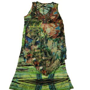 Camille‎ & Co Womens M Printed Art to Wear Dress Lagenlook Crochet Accent
